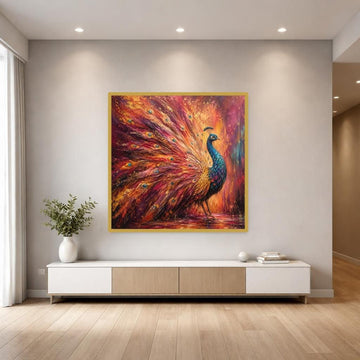 Colorful Peacock Art Print, Vibrant Animal Art Canvas Wall Art, Living Room Decor, Framed Canvas