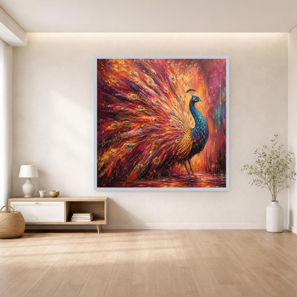 Colorful Peacock Art Print, Vibrant Animal Art Canvas Wall Art, Living Room Decor, Framed Canvas