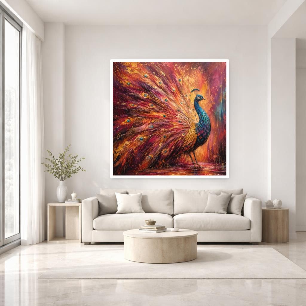 Colorful Peacock Art Print, Vibrant Animal Art Canvas Wall Art, Living Room Decor, Framed Canvas