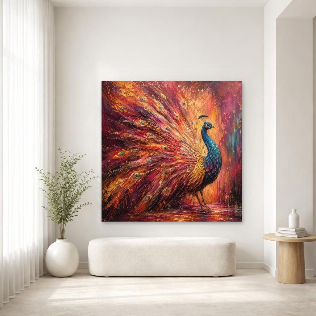 Colorful Peacock Art Print, Vibrant Animal Art Canvas Wall Art, Living Room Decor, Framed Canvas