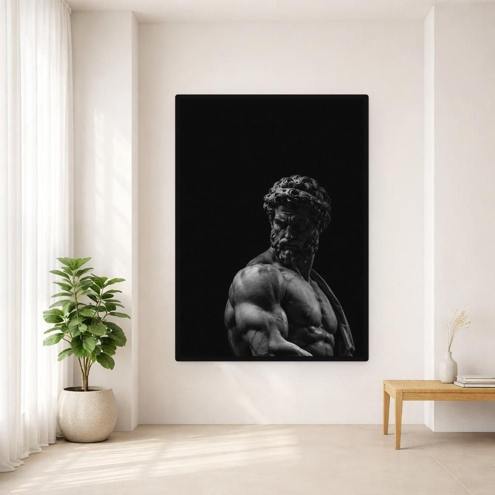 Black Dramatic Sculpture Muscular Male Figure Canvas Wall Art, Portrait Wall Art, Living Room Decor, Framed Canvas