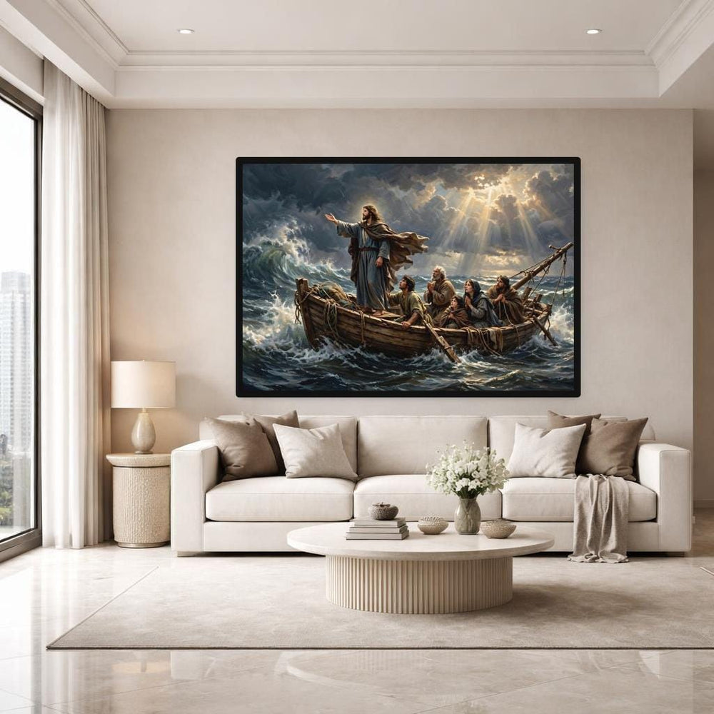 Jesus in Stormy Sea Wall Art Print, Christian Canvas Art, Living Room Decor, Framed Canvas