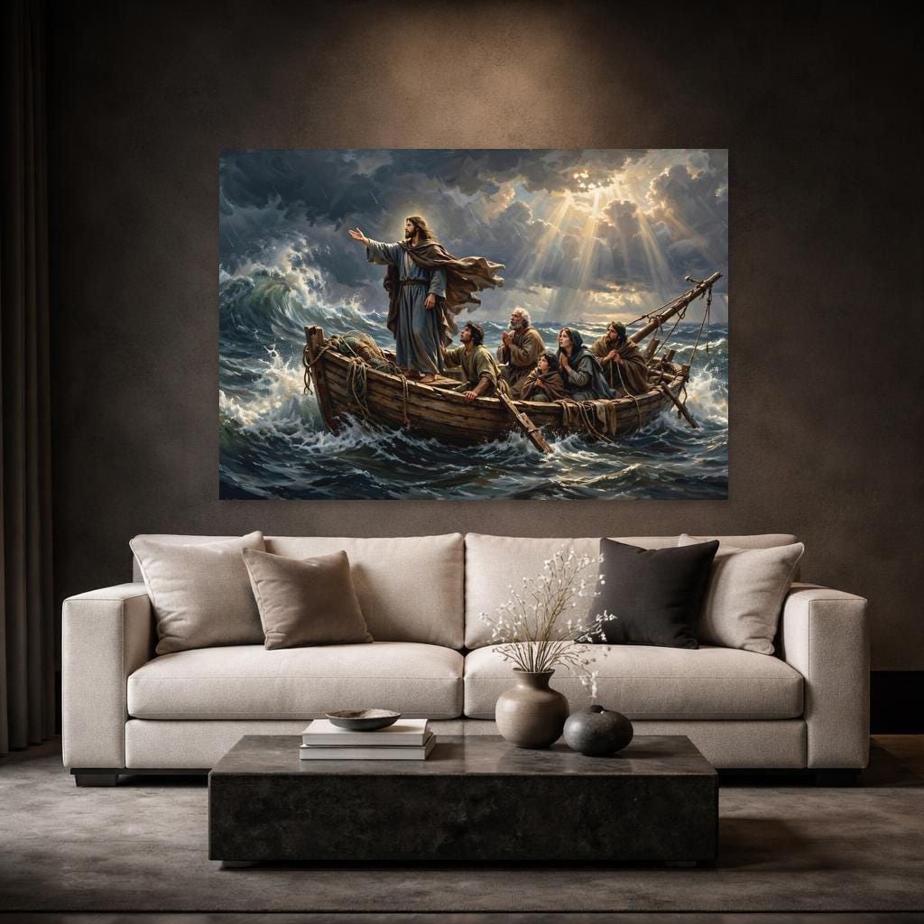 Jesus in Stormy Sea Wall Art Print, Christian Canvas Art, Living Room Decor, Framed Canvas