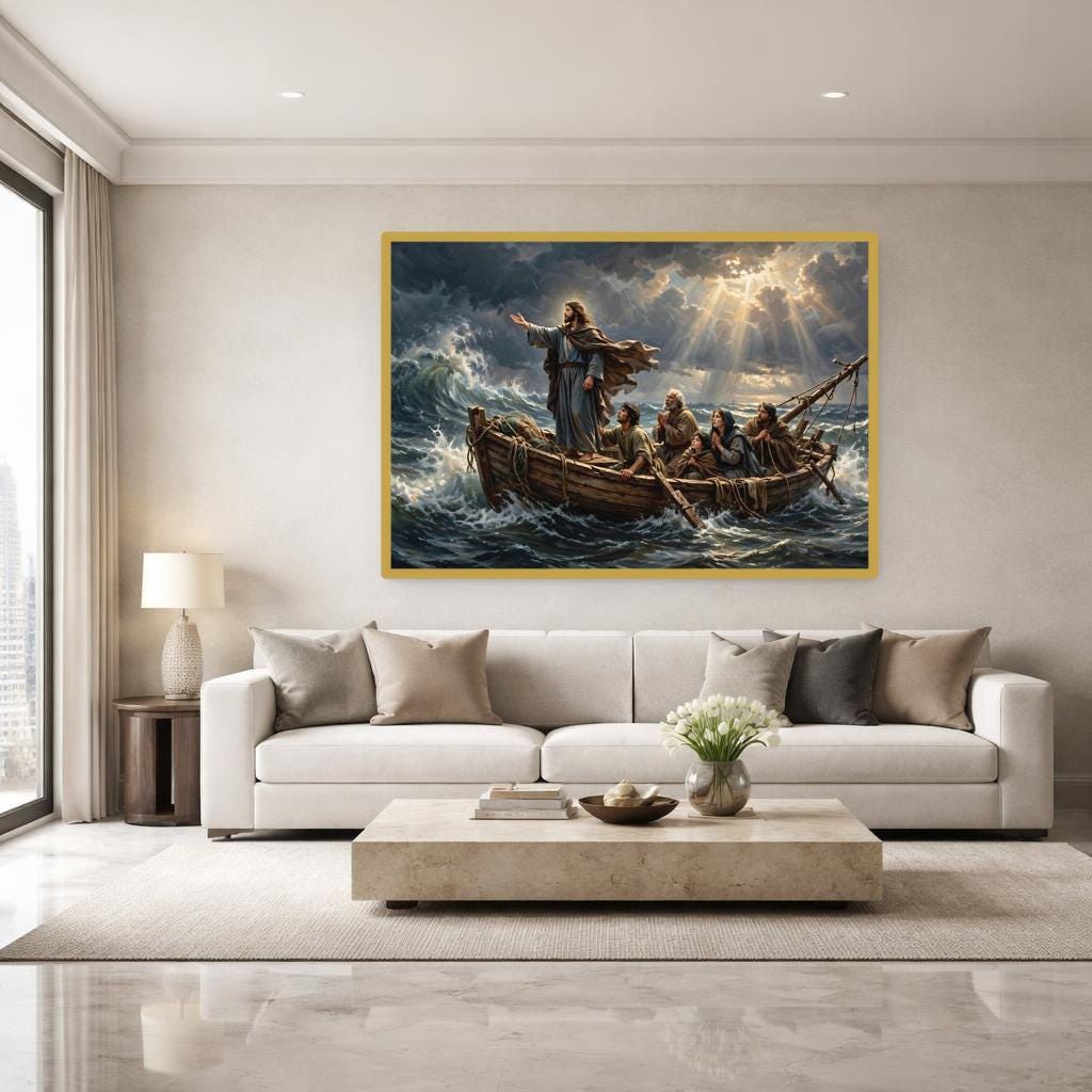 Jesus in Stormy Sea Wall Art Print, Christian Canvas Art, Living Room Decor, Framed Canvas