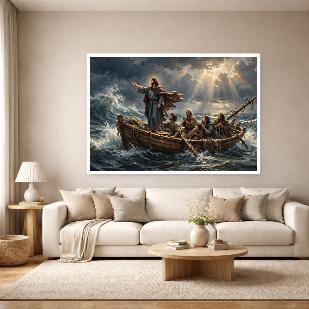 Jesus in Stormy Sea Wall Art Print, Christian Canvas Art, Living Room Decor, Framed Canvas