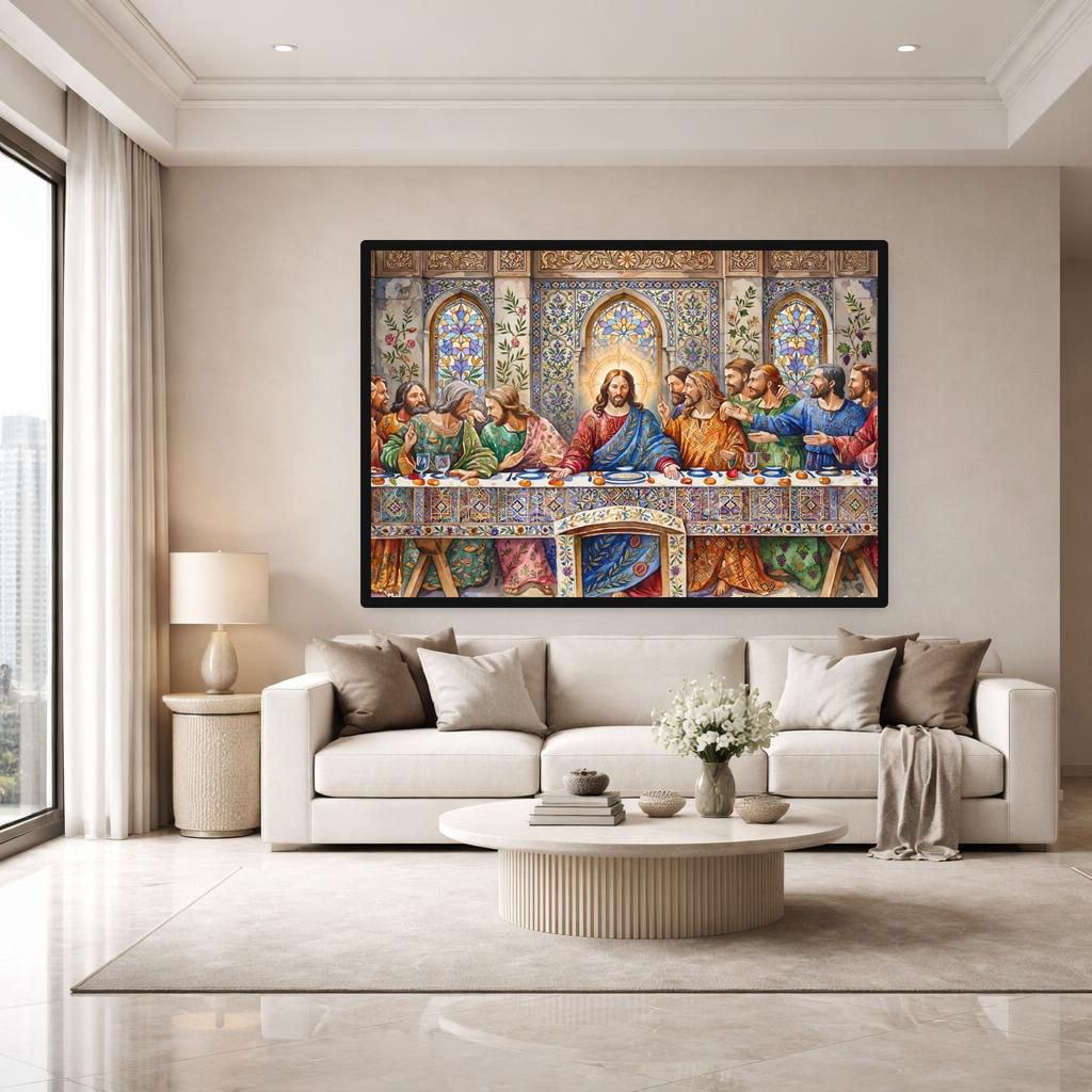 Blue Religious Art Gustav Klimt Last Supper Canvas Wall Art, Christian Art Print, Prayer Room Decor, Framed Canvas