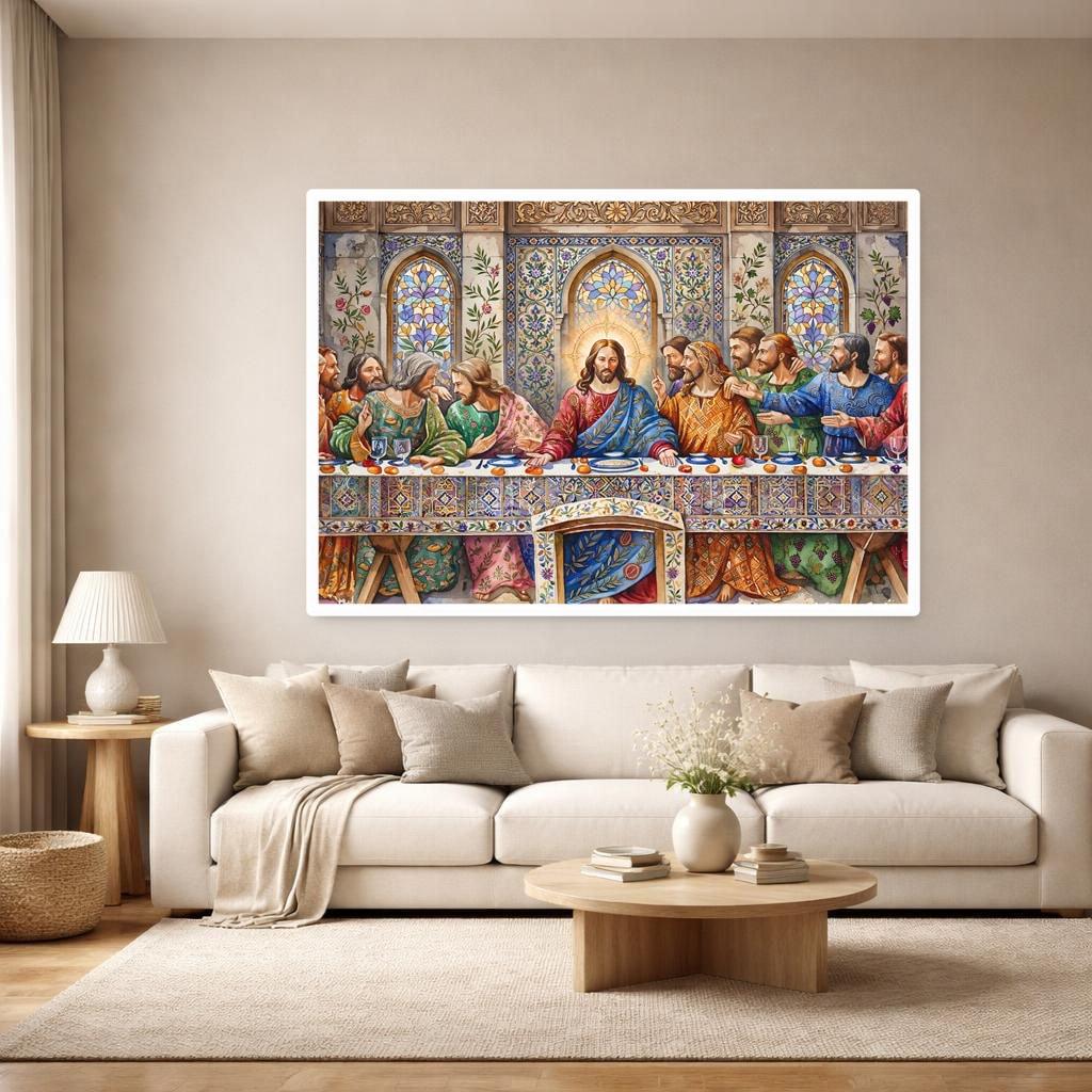 Blue Religious Art Gustav Klimt Last Supper Canvas Wall Art, Christian Art Print, Prayer Room Decor, Framed Canvas