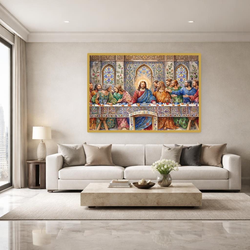 Blue Religious Art Gustav Klimt Last Supper Canvas Wall Art, Christian Art Print, Prayer Room Decor, Framed Canvas