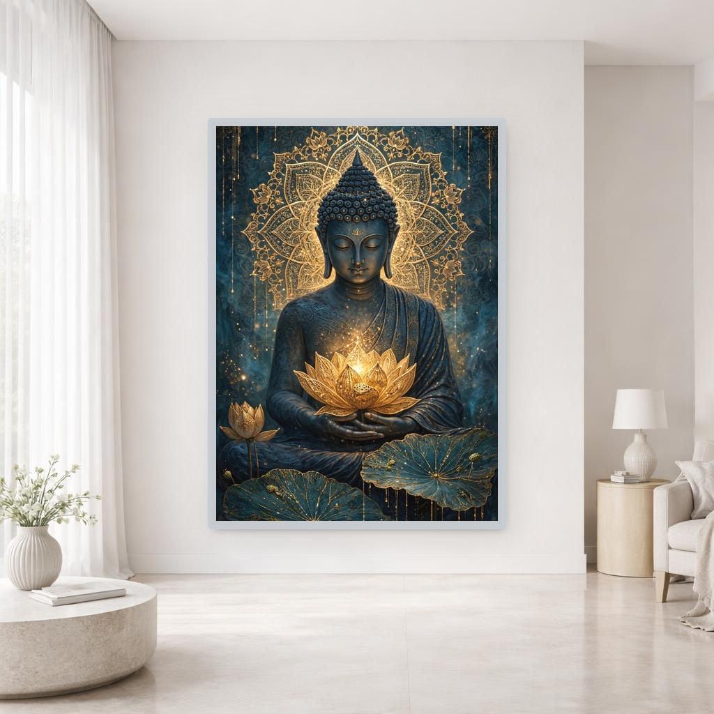 Golden Buddha with Lotus Canvas Wall Art, Spiritual Mandala Print, Meditation Room Decor, Ready to Hang