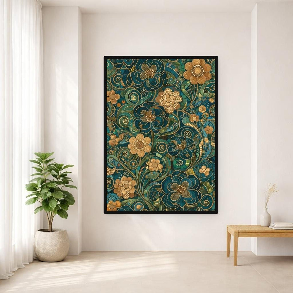 Gustav Klimt Floral Pattern Canvas Wall Art, Colorful Floral Print, Art Nouveau Living Room Decor, Framed Canvas