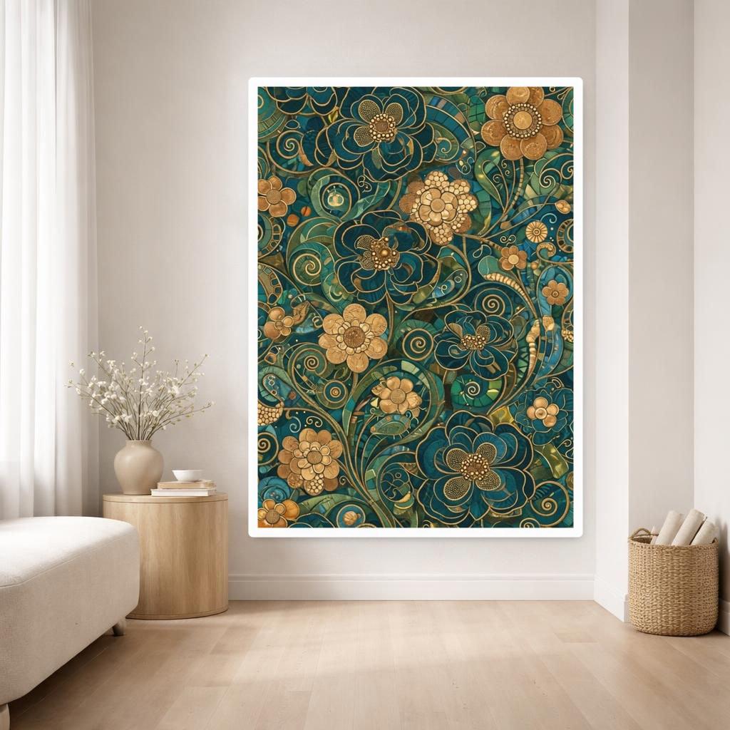 Gustav Klimt Floral Pattern Canvas Wall Art, Colorful Floral Print, Art Nouveau Living Room Decor, Framed Canvas