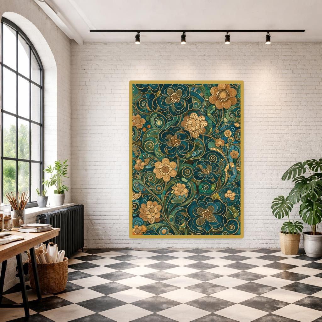 Gustav Klimt Floral Pattern Canvas Wall Art, Colorful Floral Print, Art Nouveau Living Room Decor, Framed Canvas