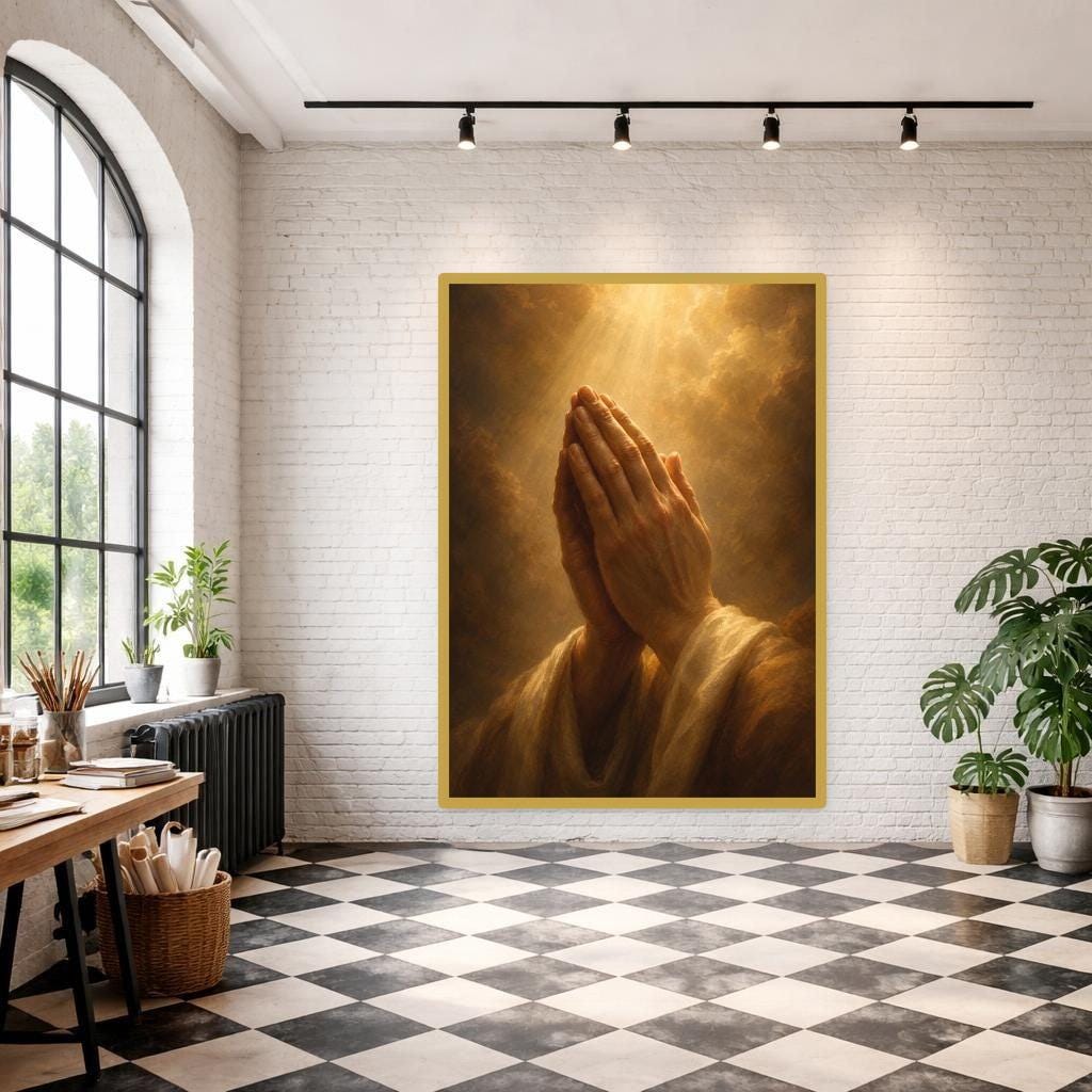 Praying Hands Canvas Wall Art, Religious Art, Christian Prayer Room Decor, Framed Canvas