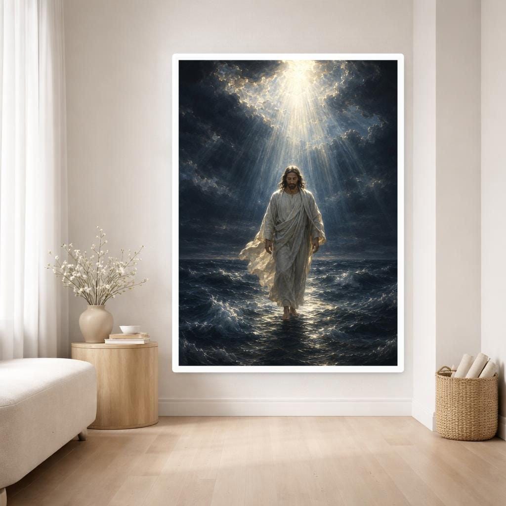 Jesus Christ Walking on Water Canvas Print, Divine Light Wall Art, Faith Based Prayer Room Decor, Ready to Hang