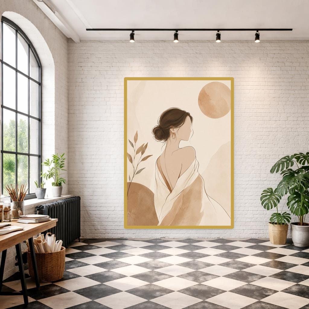 Beige Minimalist Portrait Woman with Back to Viewer Canvas Wall Art, Abstract Woman Art, Living Room Decor, Framed Canvas
