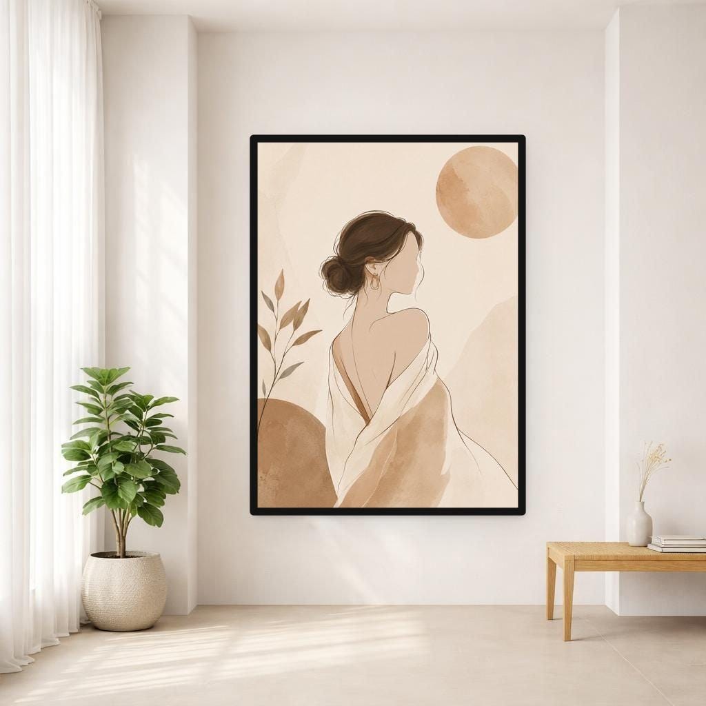 Beige Minimalist Portrait Woman with Back to Viewer Canvas Wall Art, Abstract Woman Art, Living Room Decor, Framed Canvas