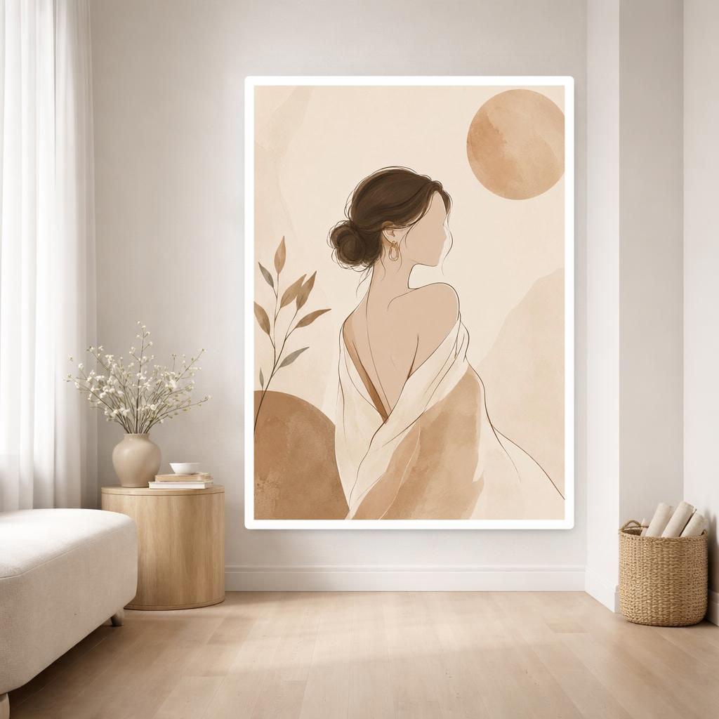 Beige Minimalist Portrait Woman with Back to Viewer Canvas Wall Art, Abstract Woman Art, Living Room Decor, Framed Canvas