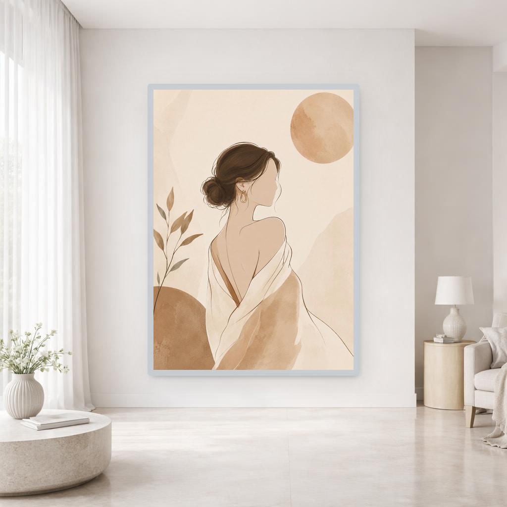 Beige Minimalist Portrait Woman with Back to Viewer Canvas Wall Art, Abstract Woman Art, Living Room Decor, Framed Canvas