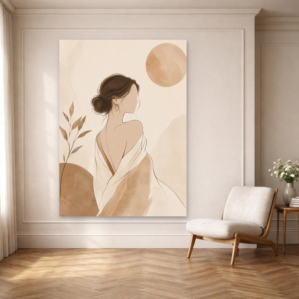 Beige Minimalist Portrait Woman with Back to Viewer Canvas Wall Art, Abstract Woman Art, Living Room Decor, Framed Canvas