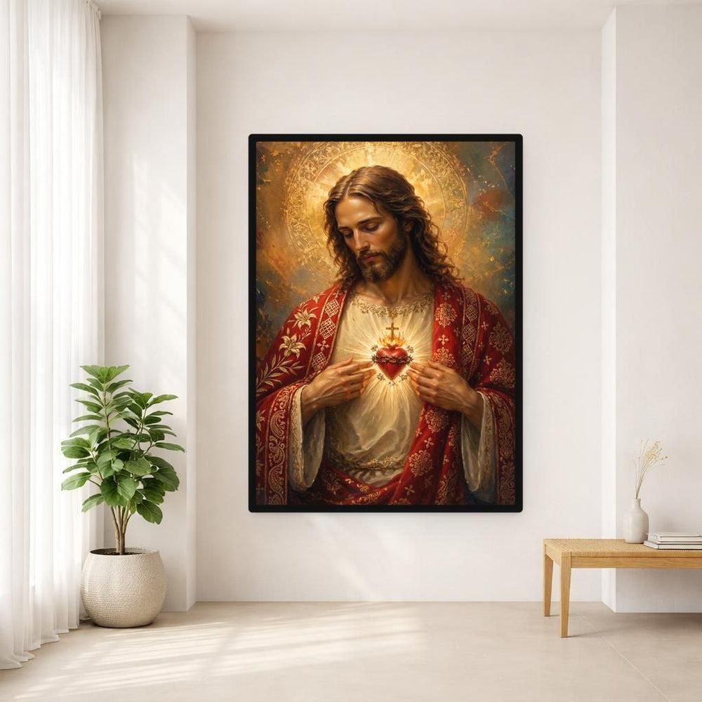 Jesus Christ Sacred Heart Wall Art Print, Christian Canvas Art, Prayer Room Decor, Framed Canvas