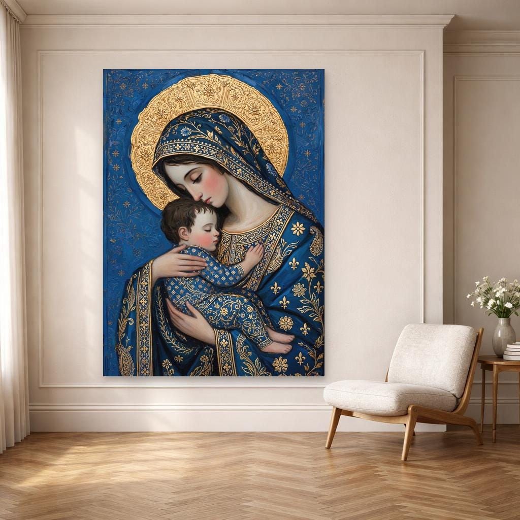 Gustav Klimt Virgin Mary and Child Framed Canvas Print, Religious Art Wall Art, Prayer Room Decor
