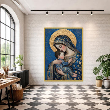 Gustav Klimt Virgin Mary and Child Framed Canvas Print, Religious Art Wall Art, Prayer Room Decor