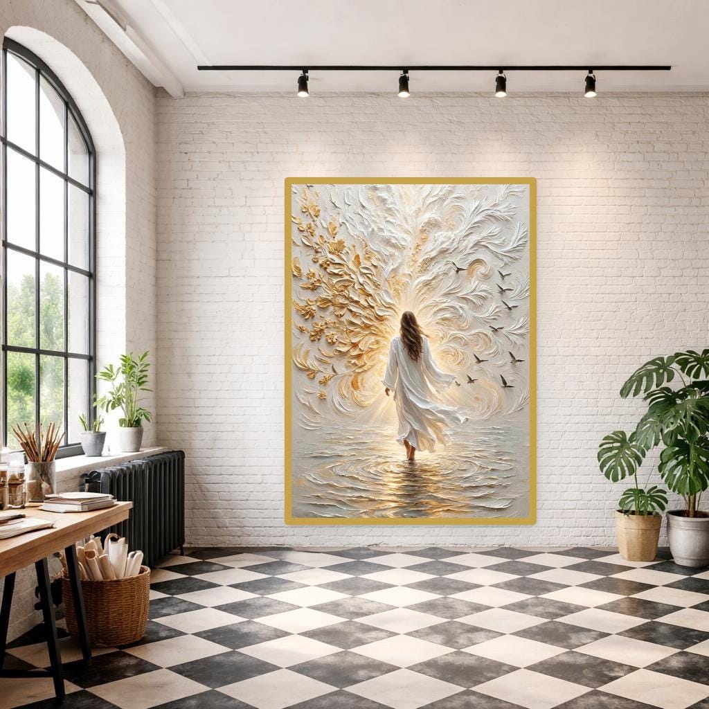 Woman in White Dress Framed Canvas Print, Christian Wall Art, Religious Living Room Decor