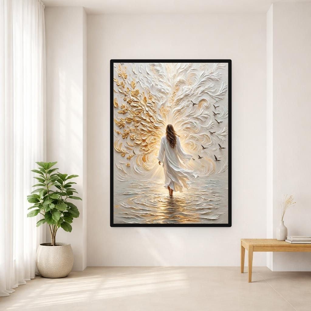 Woman in White Dress Framed Canvas Print, Christian Wall Art, Religious Living Room Decor