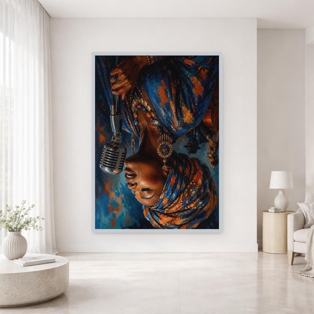 Blue Vibrant Portrait Singing Woman with Microphone Canvas Wall Art, Woman Wall Art, Living Room Decor, Framed Canvas