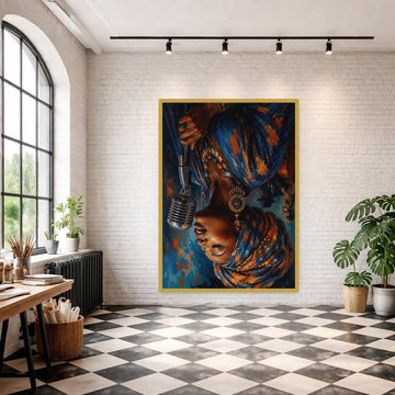 Blue Vibrant Portrait Singing Woman with Microphone Canvas Wall Art, Woman Wall Art, Living Room Decor, Framed Canvas