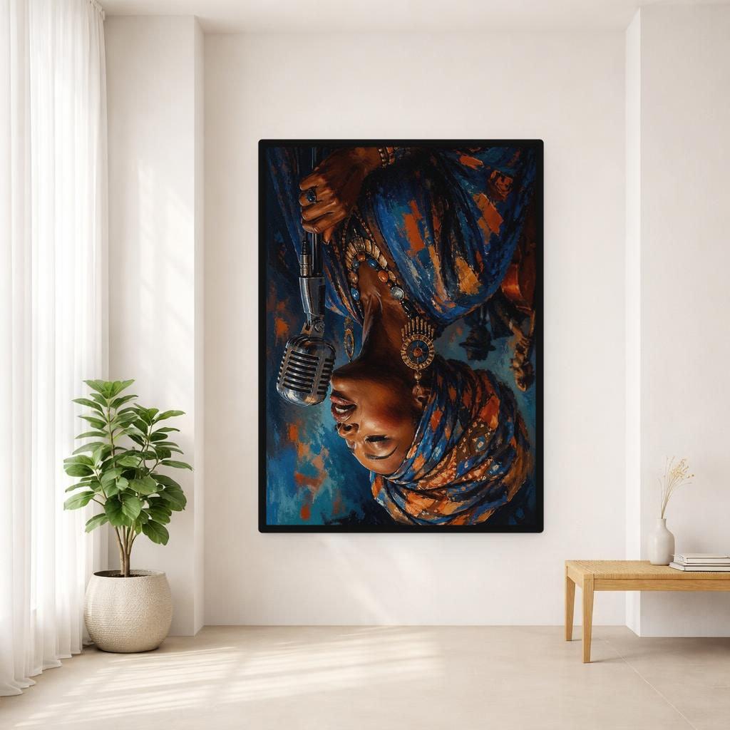 Blue Vibrant Portrait Singing Woman with Microphone Canvas Wall Art, Woman Wall Art, Living Room Decor, Framed Canvas