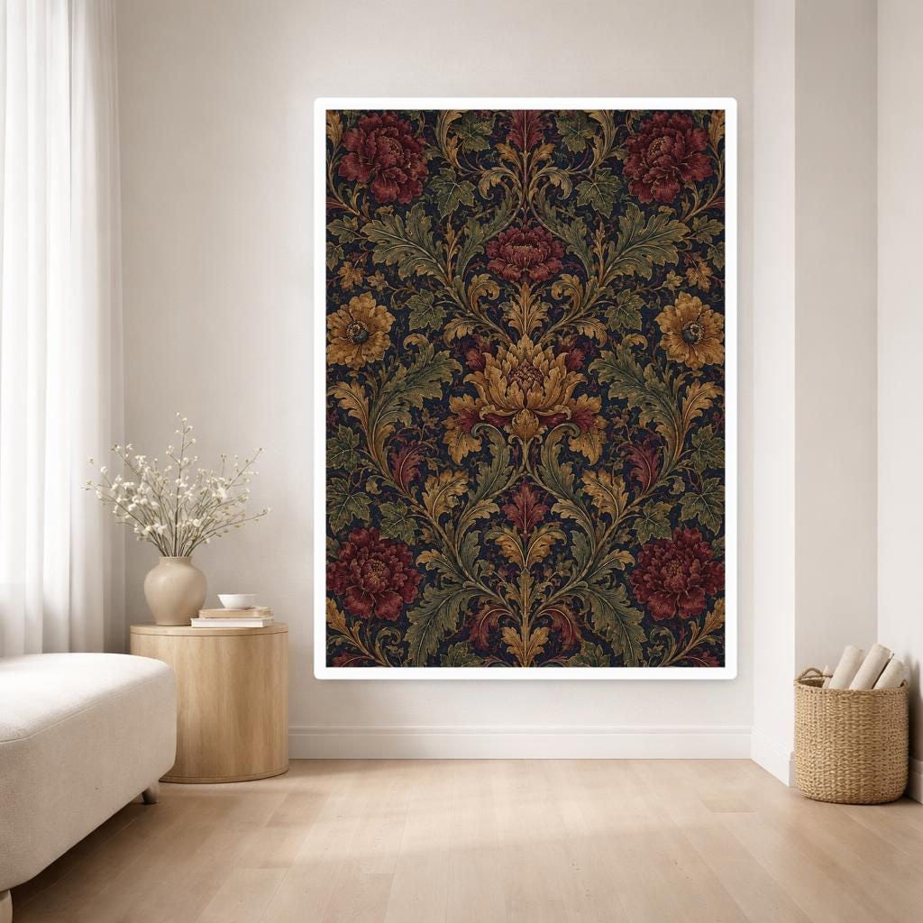 Dark Blue Vintage Floral Floral Pattern Design Canvas Print, Floral Print, Living Room Decor, Framed Canvas