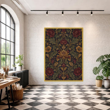 Dark Blue Vintage Floral Floral Pattern Design Canvas Print, Floral Print, Living Room Decor, Framed Canvas