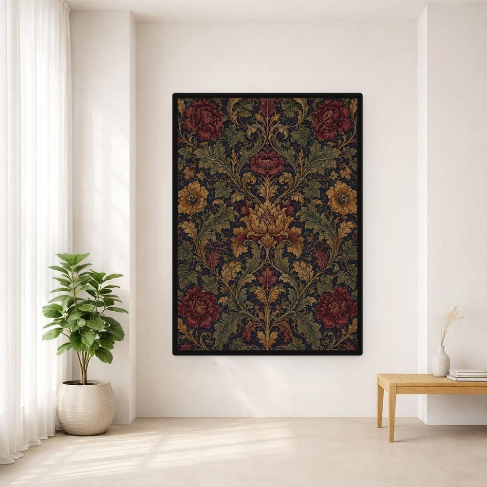 Dark Blue Vintage Floral Floral Pattern Design Canvas Print, Floral Print, Living Room Decor, Framed Canvas