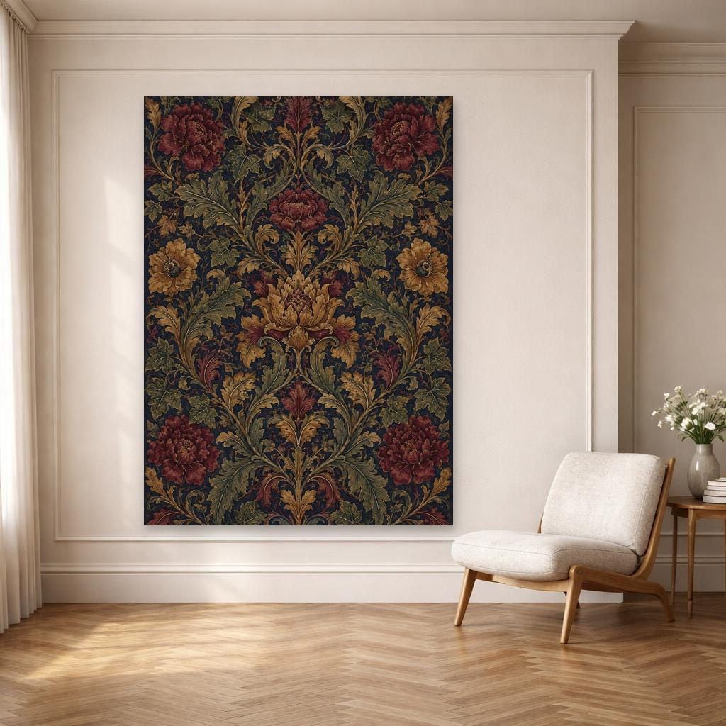 Dark Blue Vintage Floral Floral Pattern Design Canvas Print, Floral Print, Living Room Decor, Framed Canvas