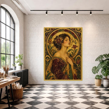 Gustav Klimt Mosaic Woman Canvas Wall Art, Decorative Flower Meadow Print, Elegant Home Decor, Framed Canvas