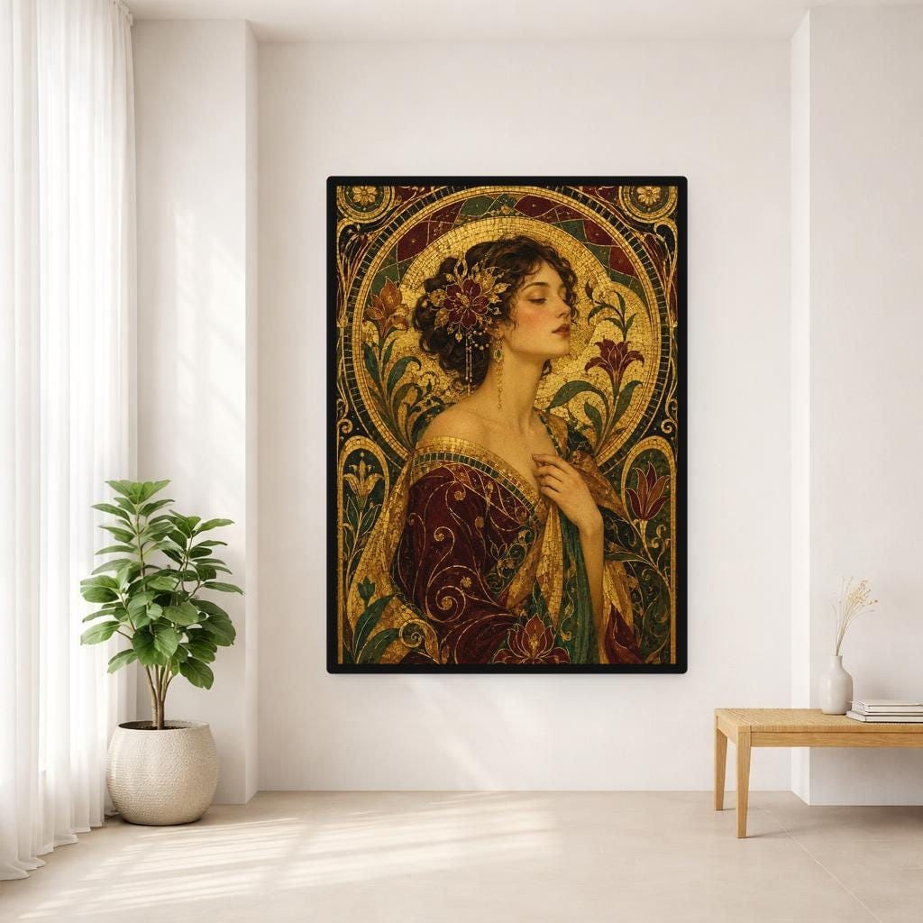 Gustav Klimt Mosaic Woman Canvas Wall Art, Decorative Flower Meadow Print, Elegant Home Decor, Framed Canvas