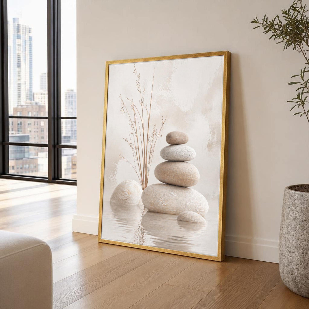Beige and Brown Buddha Stacked Stones Canvas Wall Art, Calm, Zen