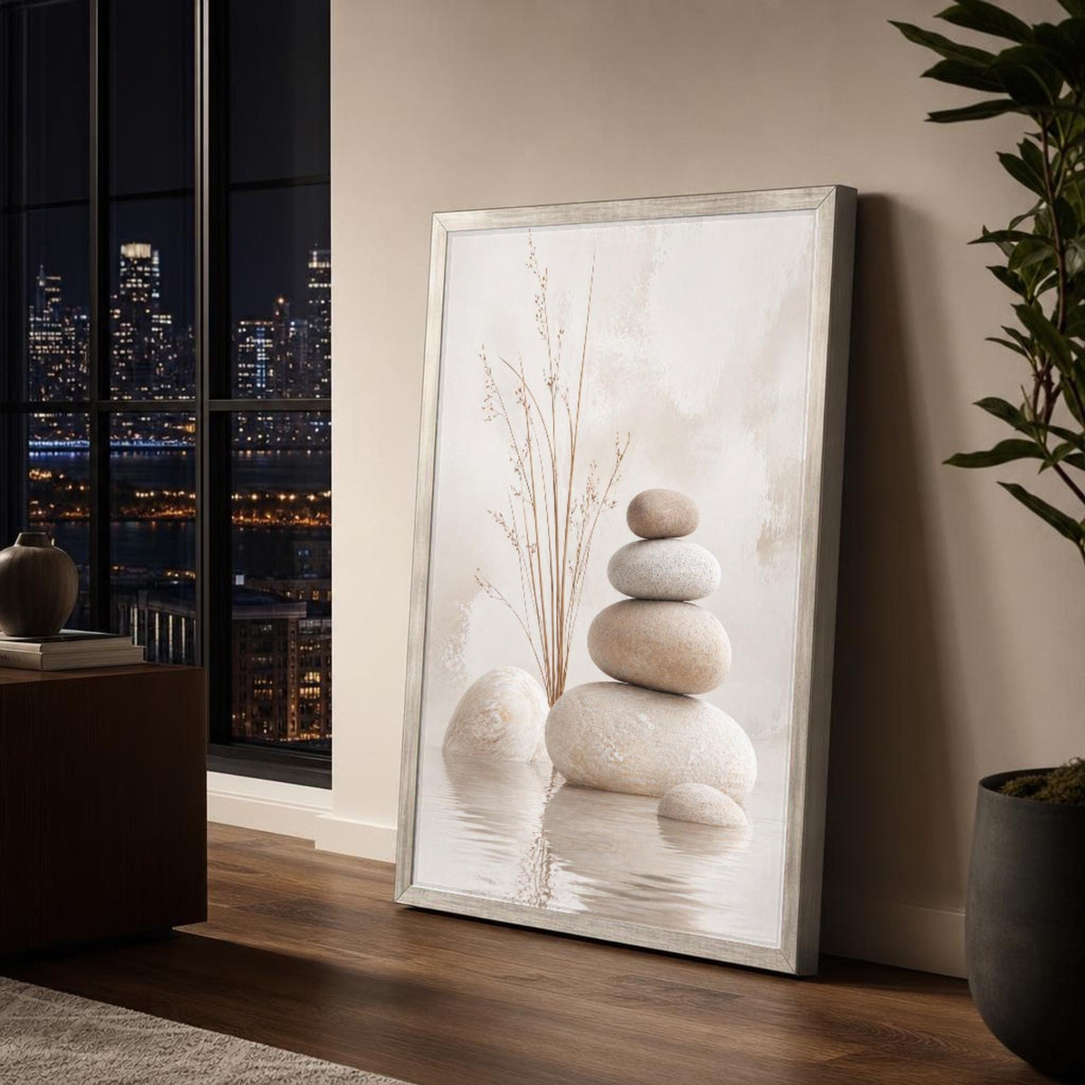 Beige and Brown Buddha Stacked Stones Canvas Wall Art, Calm, Zen