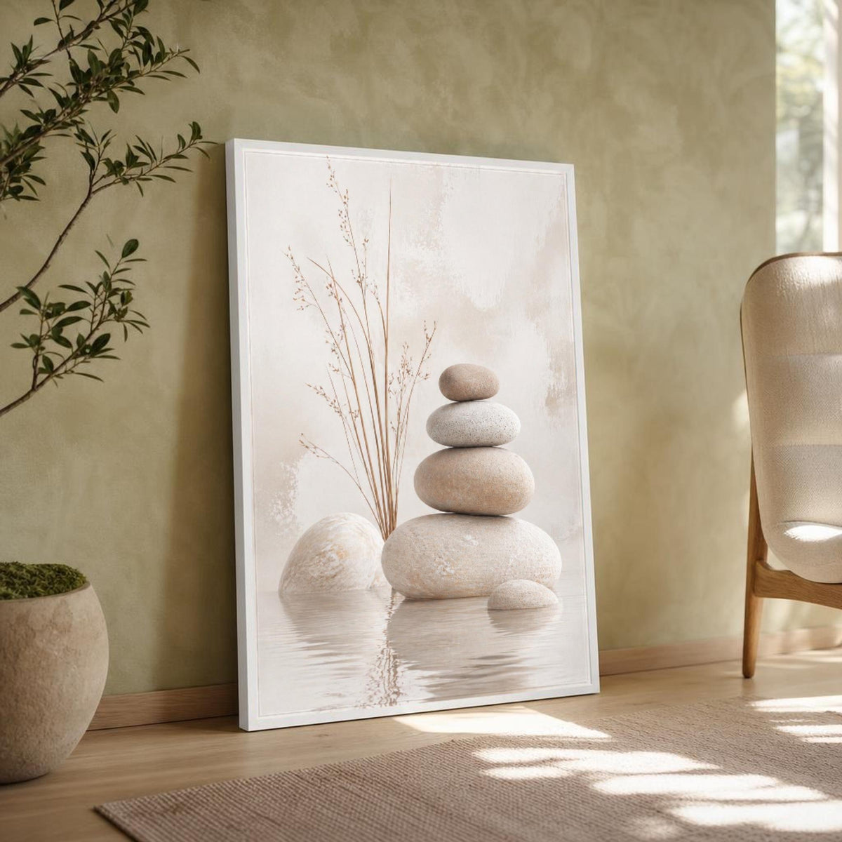 Beige and Brown Buddha Stacked Stones Canvas Wall Art, Calm, Zen