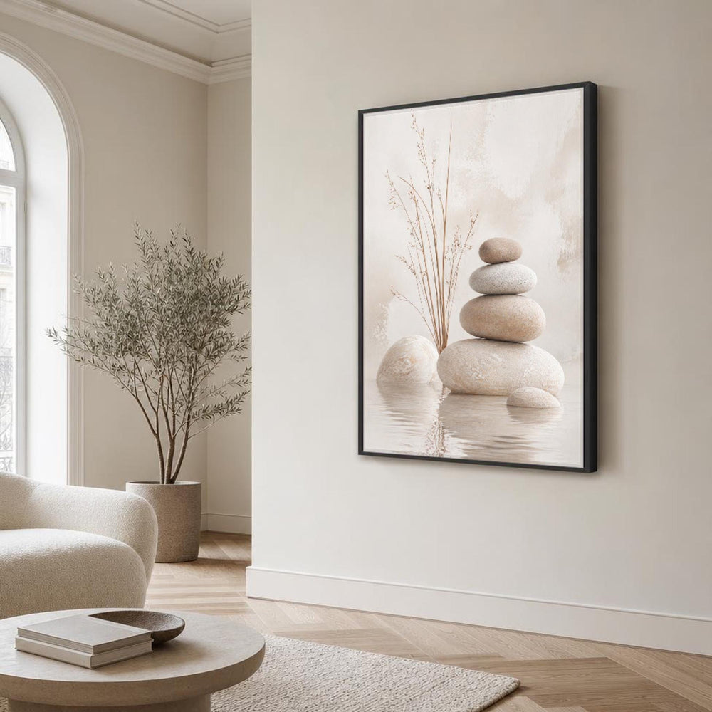Beige and Brown Buddha Stacked Stones Canvas Wall Art, Calm, Zen