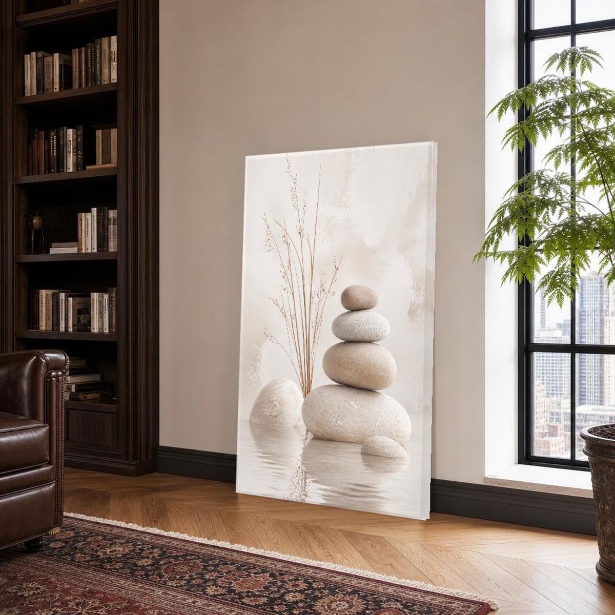 Beige and Brown Buddha Stacked Stones Canvas Wall Art, Calm, Zen