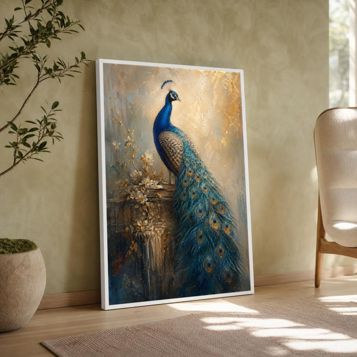 Blue and Gold Peacock Canvas Wall Art, Peacock Feathers