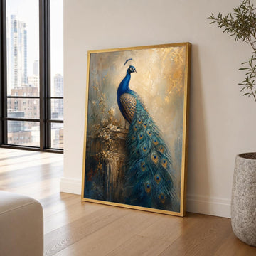 Blue and Gold Peacock Canvas Wall Art, Peacock Feathers