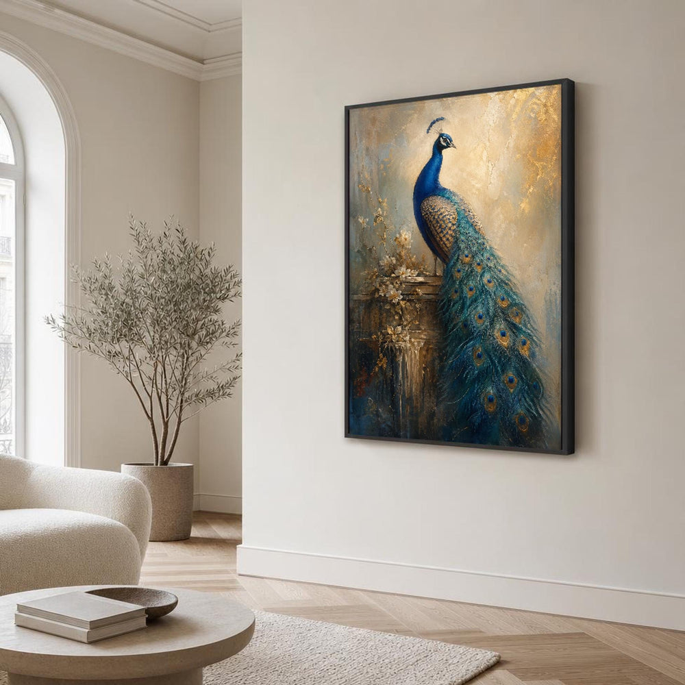 Blue and Gold Peacock Canvas Wall Art, Peacock Feathers