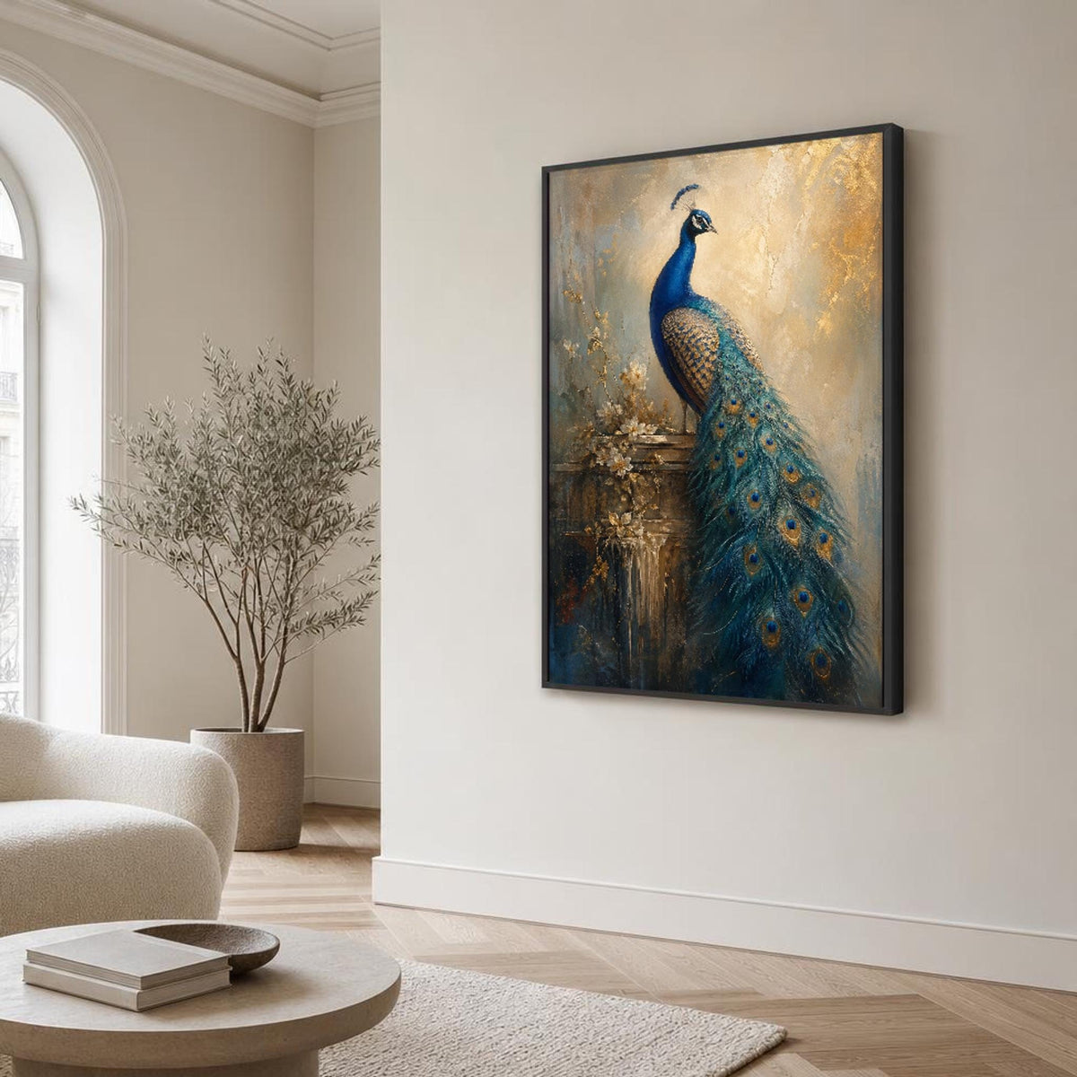 Blue and Gold Peacock Canvas Wall Art, Peacock Feathers