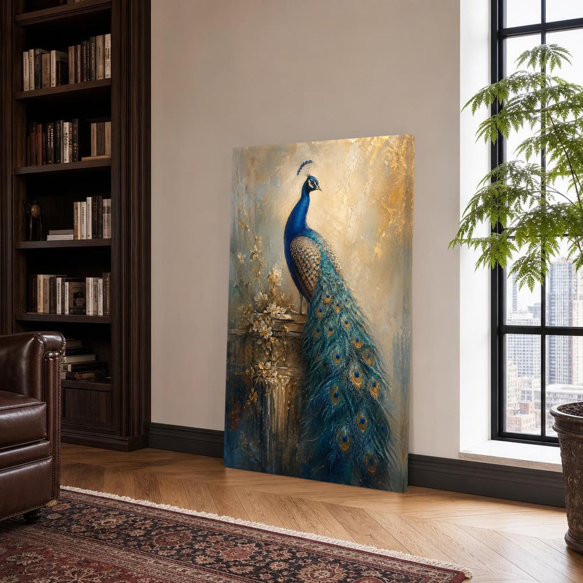 Blue and Gold Peacock Canvas Wall Art, Peacock Feathers