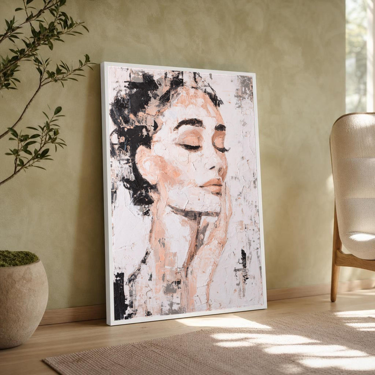 Female Portrait Canvas Wall Art, Neutral Tones Minimalist, Abstract