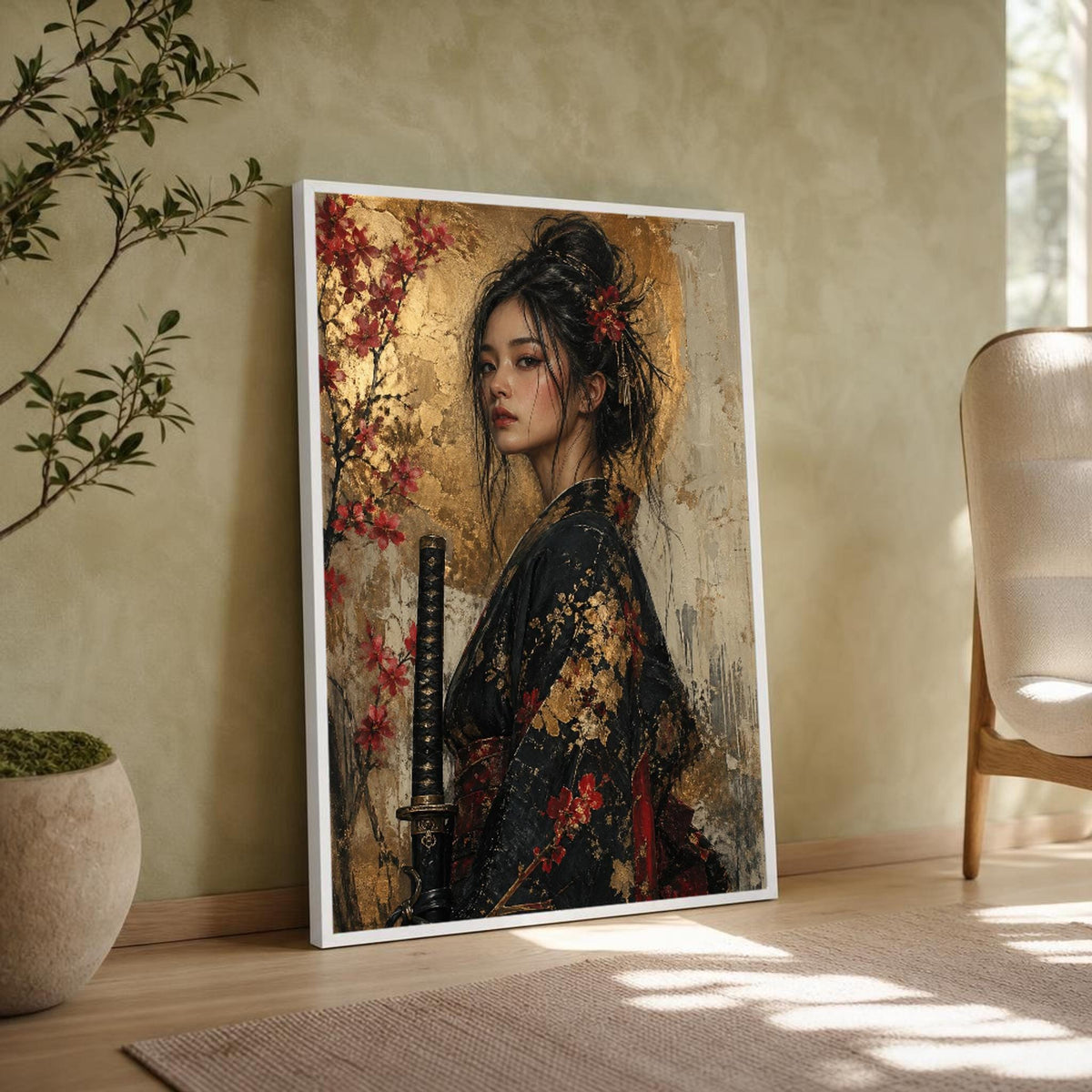 Black and Gold Kimono Geisha Canvas Wall Art, Elegant, Floral Accents