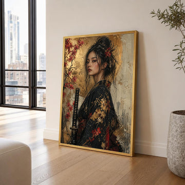 Black and Gold Kimono Geisha Canvas Wall Art, Elegant, Floral Accents